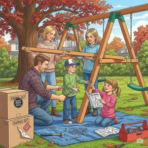 An illustration of a family working together to assemble a new swing set, a common scene after purchasing black friday swing set deals.