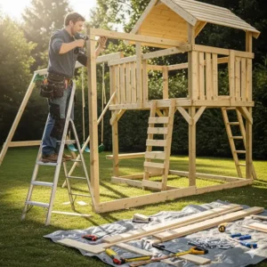 A homeowner is assembling a DIY swing set clubhouse, highlighting the construction process.