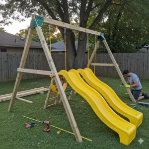 A photo of a partially built DIY swing set with two slides, showing the installation process in a homeowner's yard.
