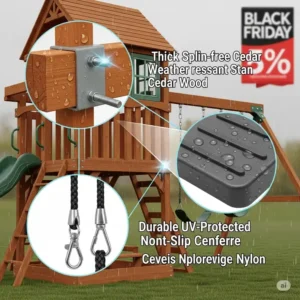 A close-up on the high-quality, weather-resistant materials of a playset, highlighting the long-lasting durability you can expect from black friday playset deals.