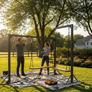 Two people working together to assemble a large swing sets for adults in a backyard.