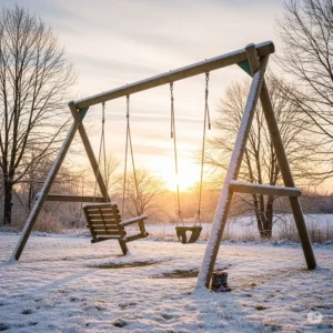 A beautiful shot of a large wooden swing set covered in a light dusting of snow during the winter, demonstrating its year-round durability.