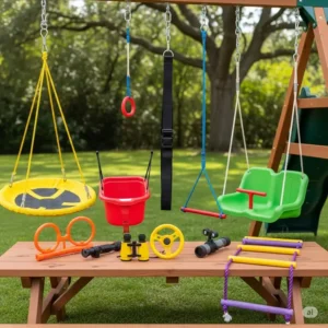 Various swing set accessories, including a tire swing and trapeze bar, which are also part of our Black Friday swing set sale.