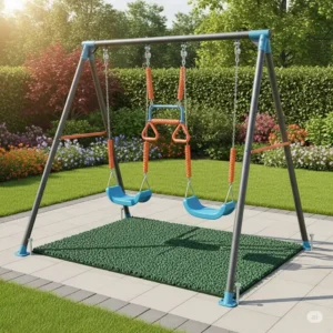 An image highlighting key safety features of a swing set patio, such as ground anchors, non-slip handles, and a shock-absorbent mat beneath the play area.