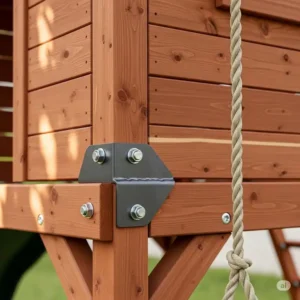 A close-up of the durable cedar wood and hardware used for the swing set with playhouse.