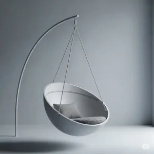 A simple, minimalist illustration of a sleek single-person swing chair for adults, featuring clean lines and a neutral color palette, suitable for a contemporary indoor space.