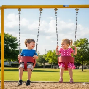 Two toddlers are sitting in full-bucket toddler swings on a sturdy 2 swing swing set, which is secured to the ground with anchors.