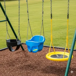 Various accessories, like different types of seats and chains, are shown for a 3-swing swing set.