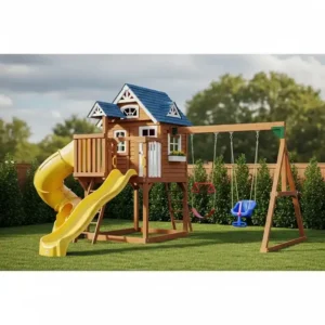  wide shot of a backyard playhouse with slide and swing, emphasizing the complete outdoor play structure.
