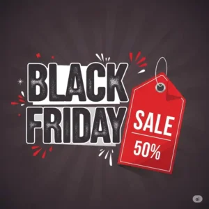 A bright red graphic with bold white text announcing the Black Friday swing set sale, with a prominent sale tag icon.