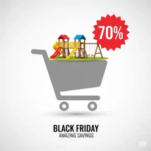 A graphic of a playset inside a shopping cart icon with a percentage discount sign, symbolizing the amazing savings on black friday playset deals.