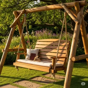 A single, large, handcrafted wooden swing on a sturdy frame, perfect for one adult to relax and read, as part of a large swing sets for adults.