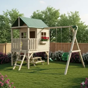 A compact swing set clubhouse designed specifically for small backyard spaces.