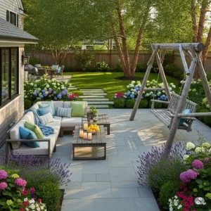 A beautifully landscaped swing set patio featuring a comfortable seating area with cushions and an adjacent wooden set, showing a complete backyard entertainment space.
