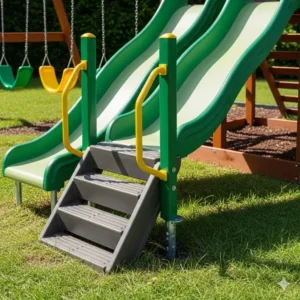 A detailed view of the safety features on a swing set with 2 slides, including non-slip steps, safety handles, and ground anchors.