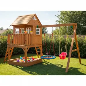 A photo of the built-in sandbox located under the swing set with playhouse.