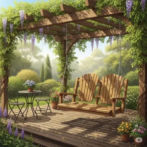 An illustration of a rustic wooden swinging bench designed for adults, with a slatted back and two seats, sitting on a deck under a pergola covered in climbing vines.