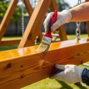 A close-up of a person applying a protective sealant to a large wooden swing set to prevent weathering and prolong its life.