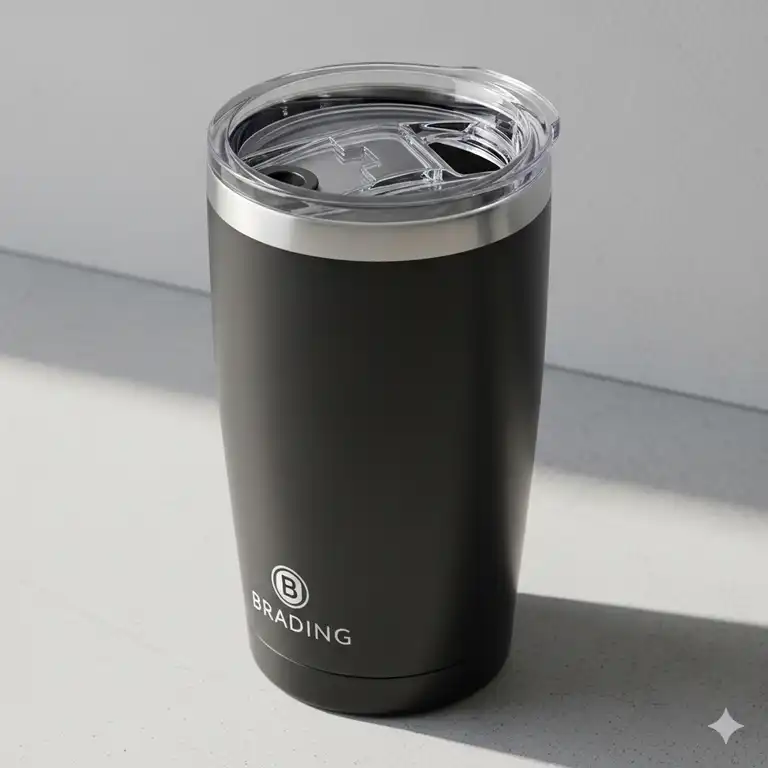 A 12 oz insulated tumbler with lid in a sleek matte black finish, shown from a slight angle to highlight its durable construction.