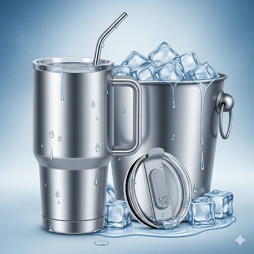 A 32 oz insulated tumbler with a handle and reusable straw, shown next to a full ice bucket to emphasize its cold-retaining properties.