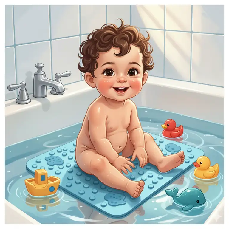 Close-up of a smiling baby safely sitting on a textured, non-slip bath mat in a bathtub, surrounded by colorful bath toys, emphasizing non slip bath mats baby safety.