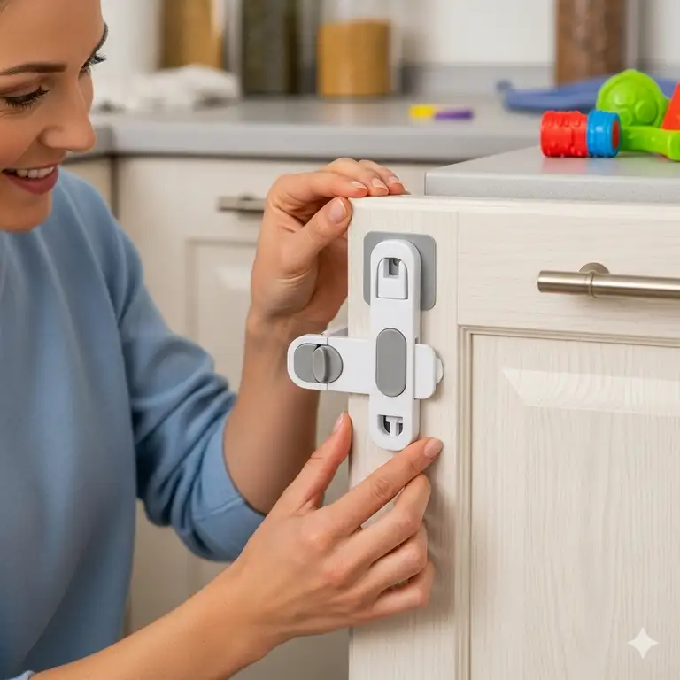 A parent is installing a baby proof cabinet lock without drilling on a kitchen cabinet door, showing the ease of use and secure closure.baby proof cabinet locks without drilling