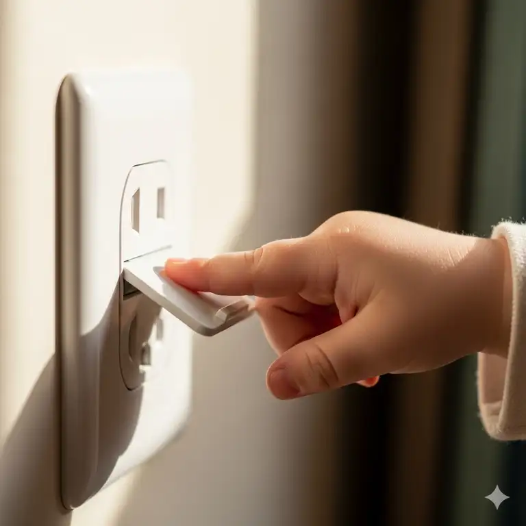 A close-up shot of a white electrical outlet with a built-in sliding cover, showing a small child's hand reaching towards it, illustrating the safety feature.