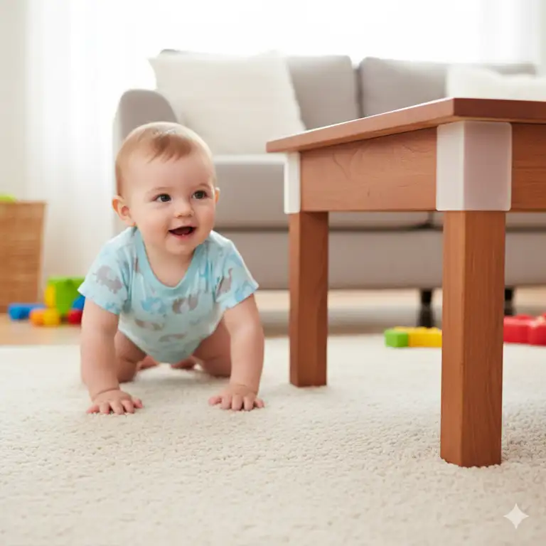 A close-up shot of a baby crawling near a coffee table with soft, rounded corner guards applied to its sharp edges.baby proof sharp furniture corners