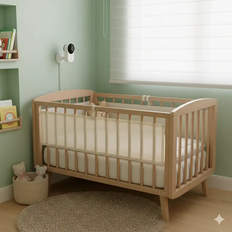 A secure, compact baby crib in a cozy nursery, demonstrating effective baby proofing solutions for small spaces.baby proofing cribs for small spaces