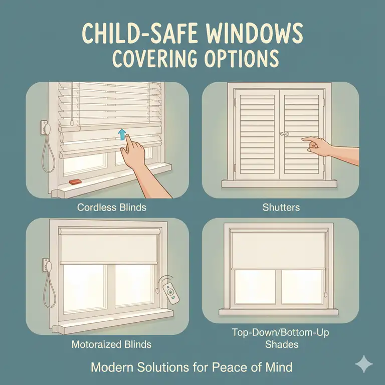 A close-up of a window with a curious toddler reaching for the blinds cord, while a parent's hand gently guides them away. This image highlights the danger of exposed cords and the importance of baby proofing windows and blinds safety.