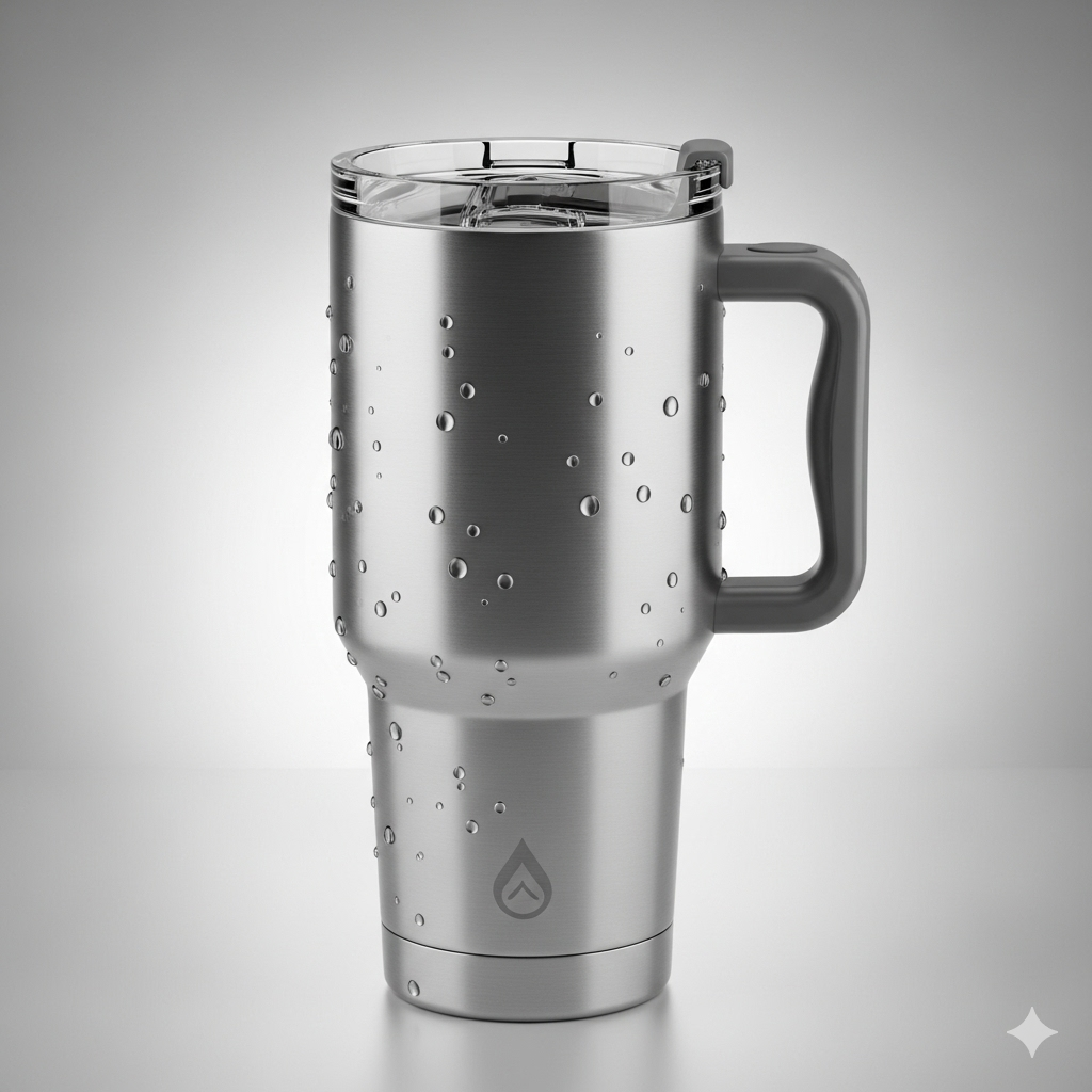 A top-rated best 30 oz tumbler with handle, shown in a studio setting, highlighting its design and features for staying hydrated on the go.