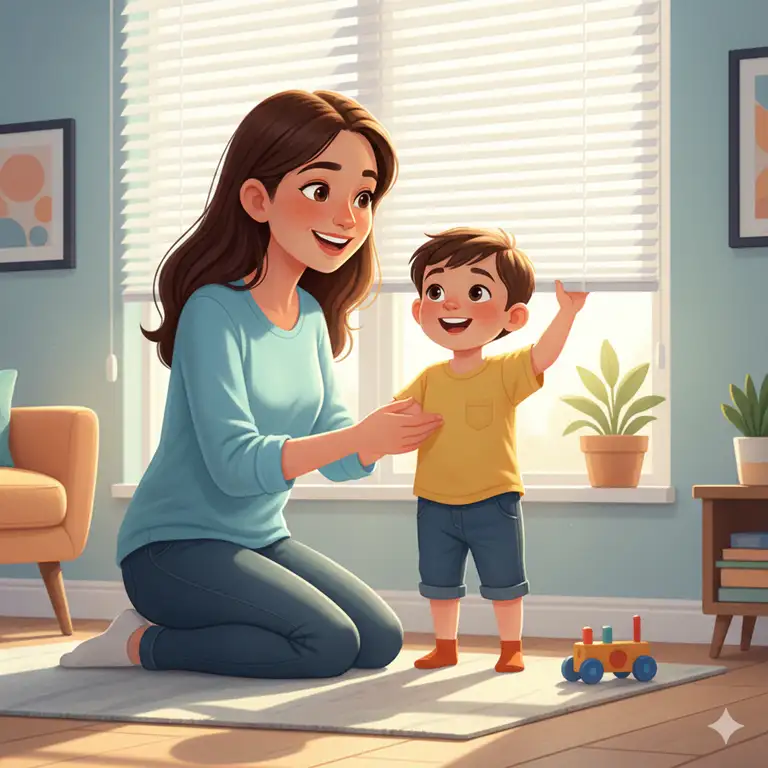 A parent and child happily interacting with safe, cordless window blind safety for kids in a bright living room, demonstrating essential features.