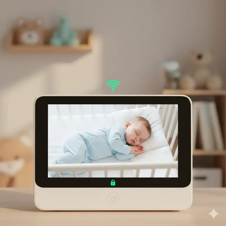 A close-up of a modern, sleek wireless baby monitor showing a sleeping infant in their crib, highlighting safe baby monitor options wireless for parents.