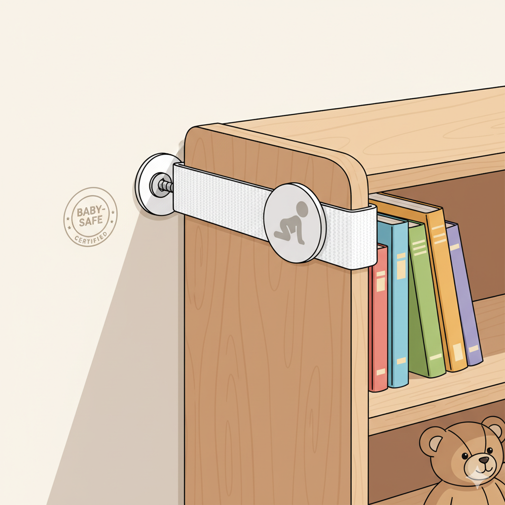 A close-up of a child-proofed bookshelf showing a secure anti-tip strap bolted to the wall, ensuring baby safety.secure bookshelves to wall baby safety