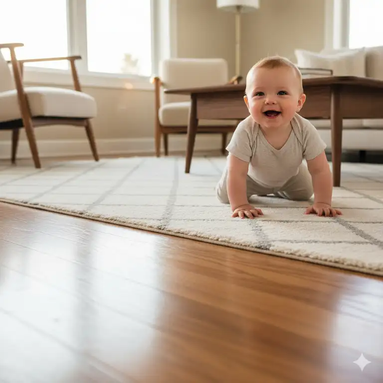 A baby crawls safely on a clean, soft area rug placed over beautiful hardwood floors in a sunlit living room. This image illustrates effective tips for baby proofing hardwood floors by adding a protective layer.
