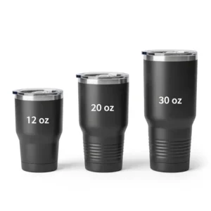 A size comparison of the 12 oz insulated tumbler with lid next to a larger tumbler, demonstrating its compact and portable design.