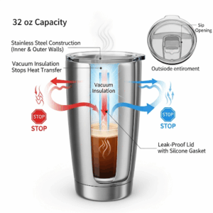 Diagram illustrating the double-wall vacuum insulation technology of a 32 oz insulated tumbler.