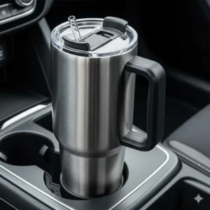 The sleek design of the 32 oz insulated tumbler with handle allows it to fit conveniently in most car cup holders.