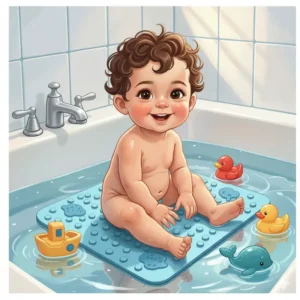 An illustration showing a happy baby crawling on a blue non-slip bath mat, demonstrating secure footing and enhanced non slip bath mats baby safety during bath time.