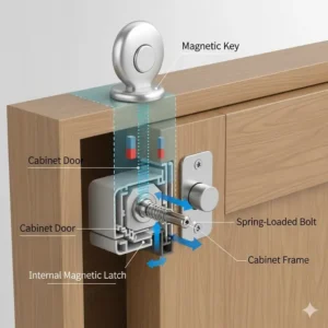 A diagram illustrating how a magnetic baby proof cabinet lock without drilling works, showing the hidden lock mechanism inside the cabinet and the key used on the outside.