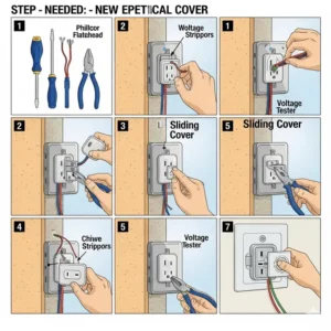 A step-by-step diagram showing the process of installing a new baby proof electrical outlets with sliding covers, including tools needed.