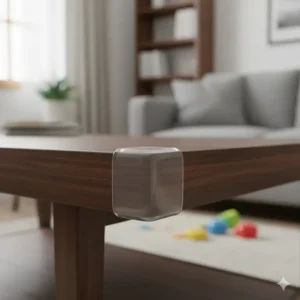 A set of clear, silicone corner guards protecting the sharp corner of a wooden coffee table in a living room. 