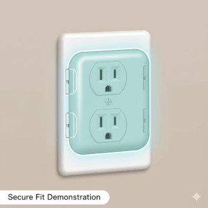 Close-up of an innovative outlet cover demonstrating its secure, snug fit that prevents the best outlet covers that don't pop out.