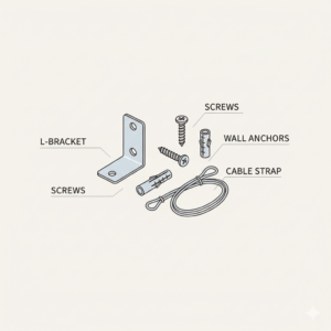 A detailed illustration of a bookshelf anti-tip kit, including the metal L-bracket and mounting hardware.