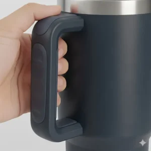 Close-up shot of the comfortable ergonomic handle on a 24oz tumbler with handle.