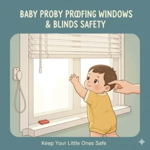 An illustration showing a window with cordless blinds, emphasizing a modern and safe solution for baby proofing windows and blinds safety by preventing entanglement hazards for babies and toddlers.