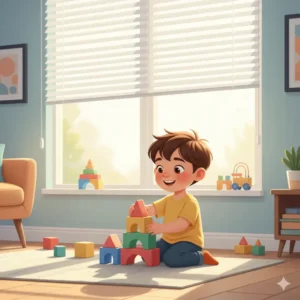 A young child safely playing near a window with properly installed blinds, emphasizing a hazard-free environment for cordless window blind safety for kids.