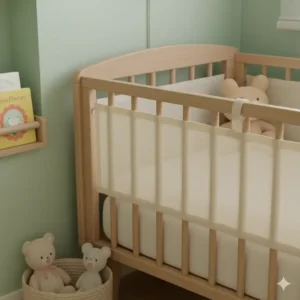Close-up of a baby-proofed crib showing a breathable mesh bumper securely installed in a crib designed for small spaces. 