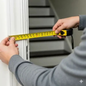 A close-up of a person using a measuring tape to accurately measure the width of the staircase opening before buying a gate for installing safety gates at top of stairs.