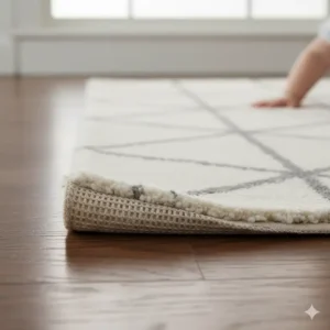 Close-up of a non-slip rug pad underneath a soft area rug, demonstrating effective tips for baby proofing hardwood floors and preventing slips and falls.